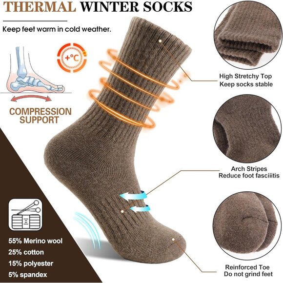 Women Merino Wool Dark Grey Sock 5 Pairs Warm Thick Crew Cozy Winter Boot Socks - Picture 3 of 6